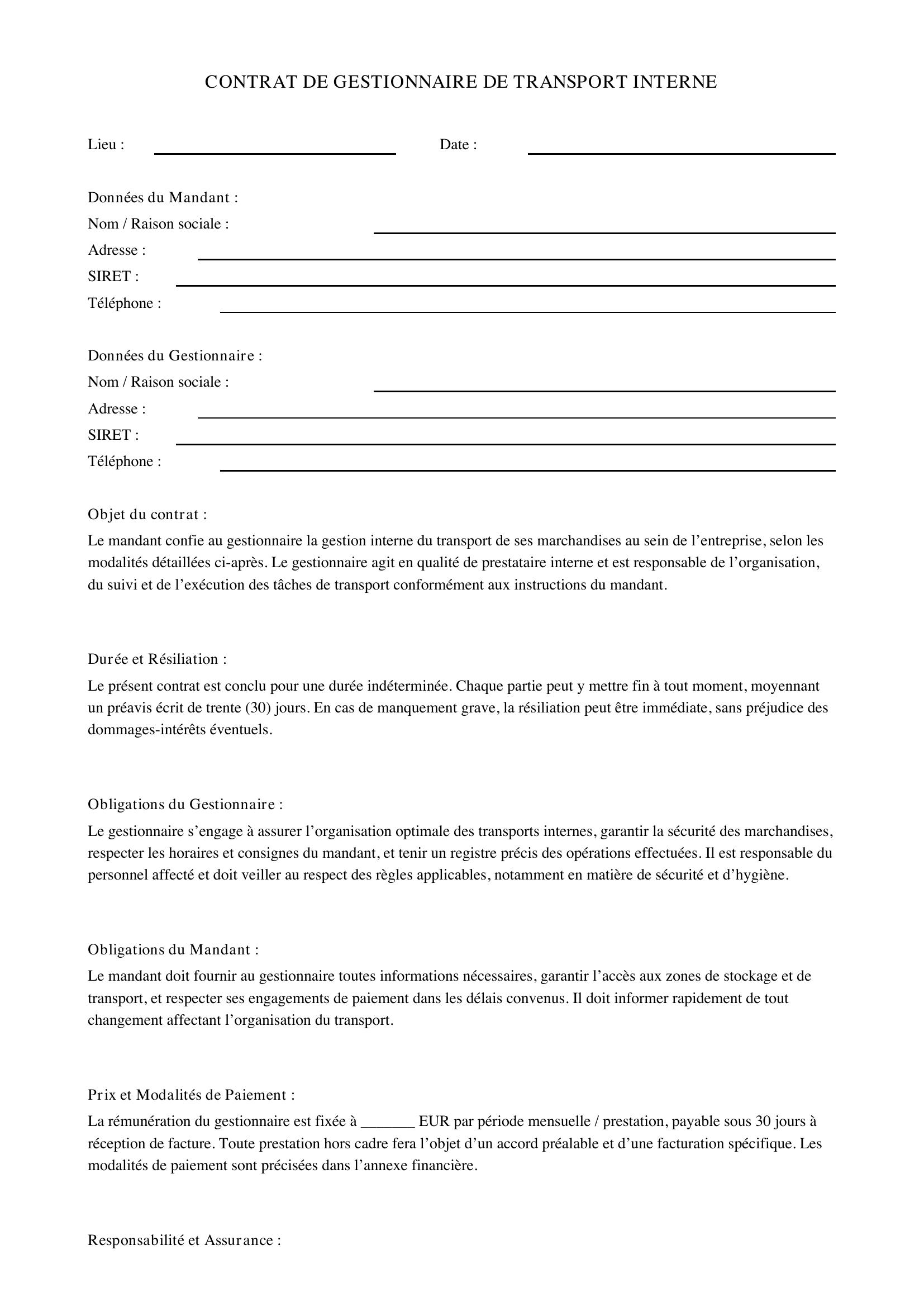 Modèle Contrat Gestionnaire De Transport Interne