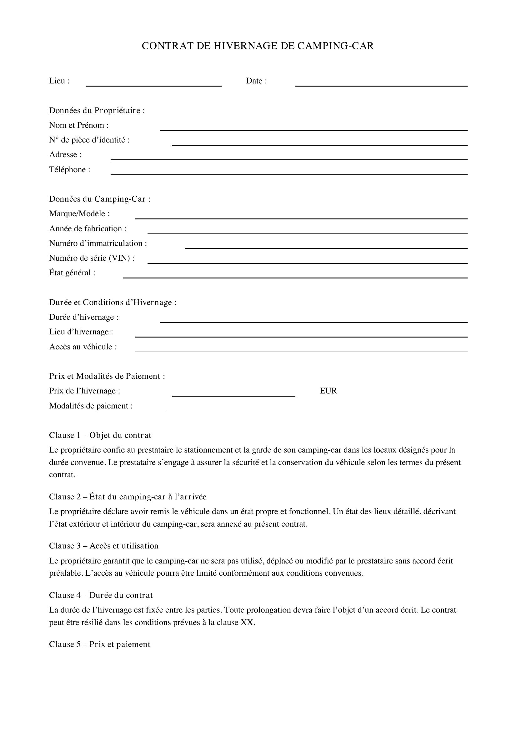Modèle Contrat Hivernage Camping-Car