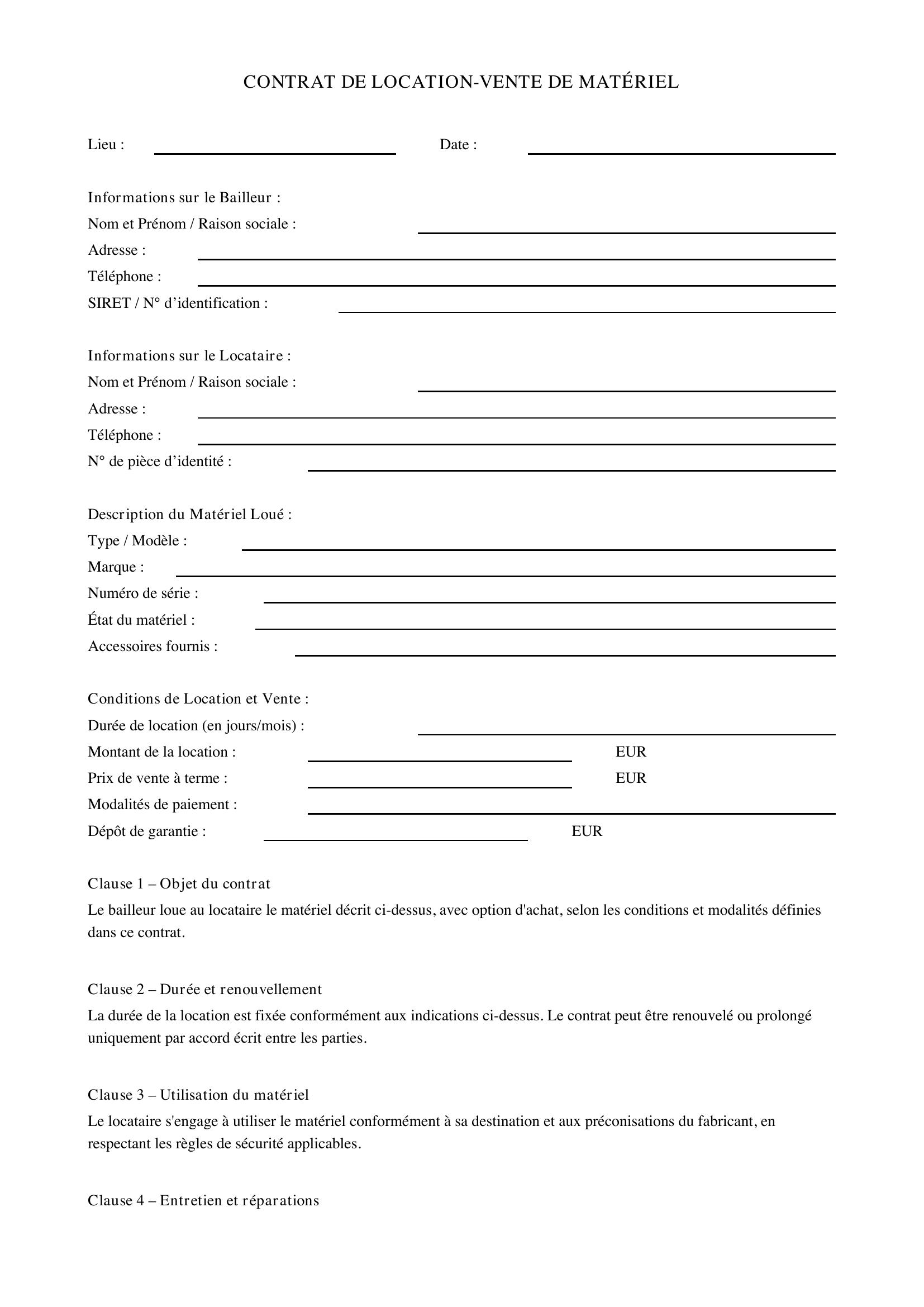 Modèle Contrat Location Vente Matériel