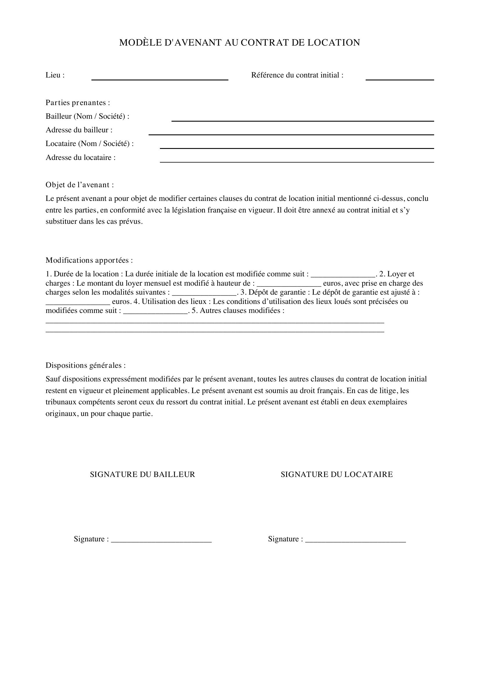 Modèle D'Avenant Au Contrat De Location