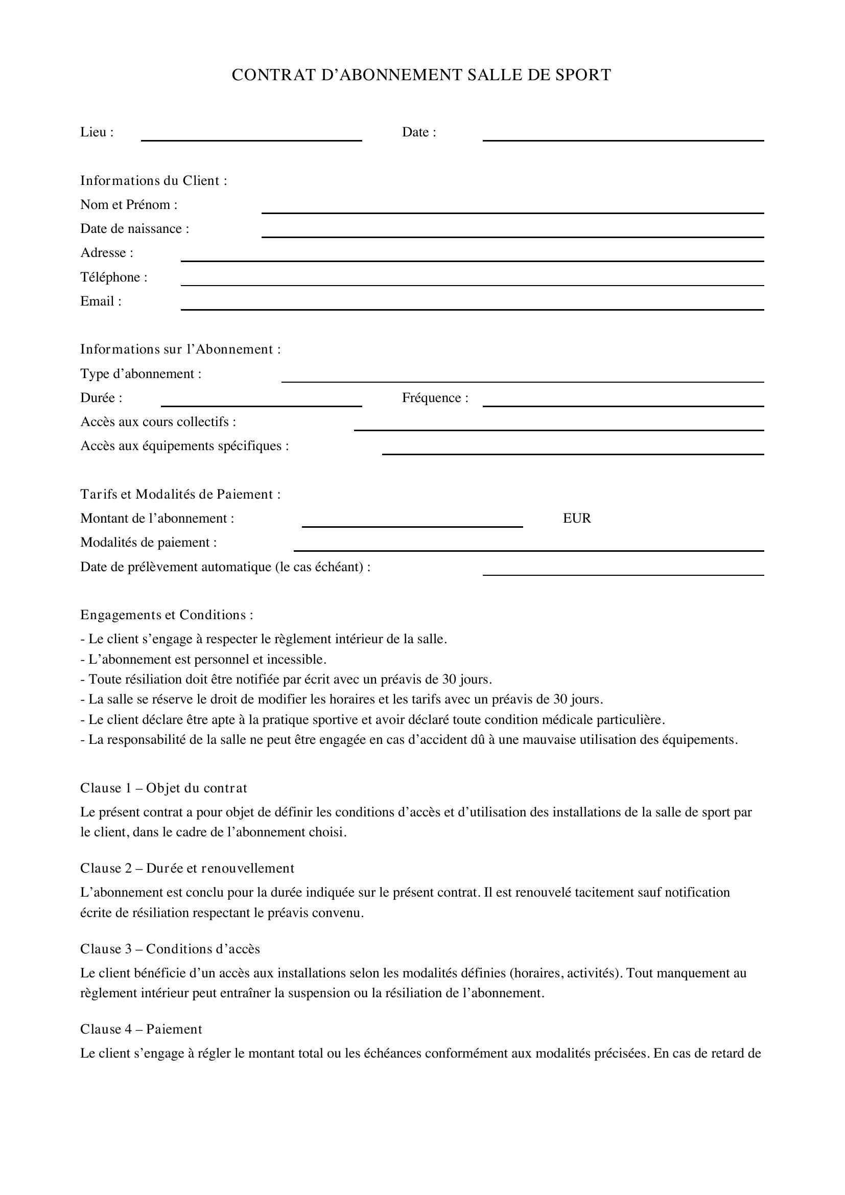 Modèle De Contrat D'Abonnement Salle De Sport
