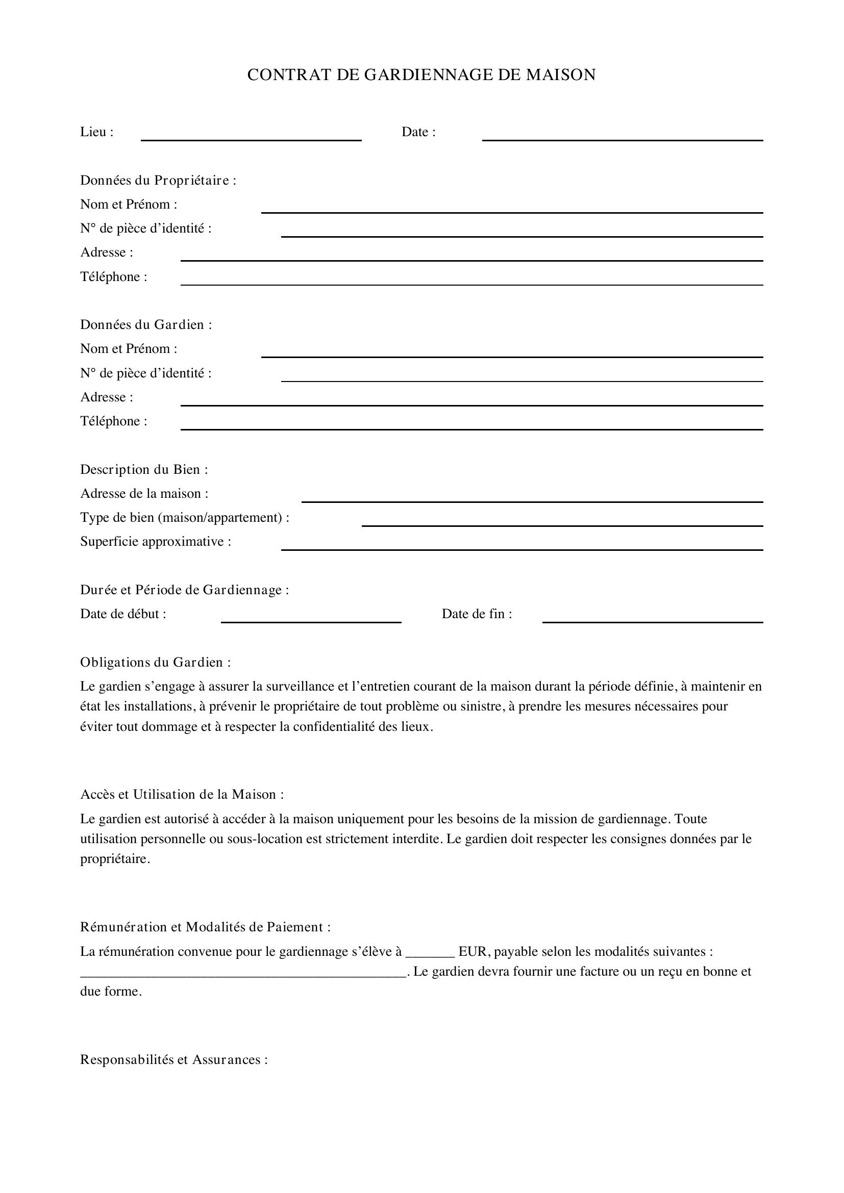 Modèle De Contrat De Gardiennage De Maison