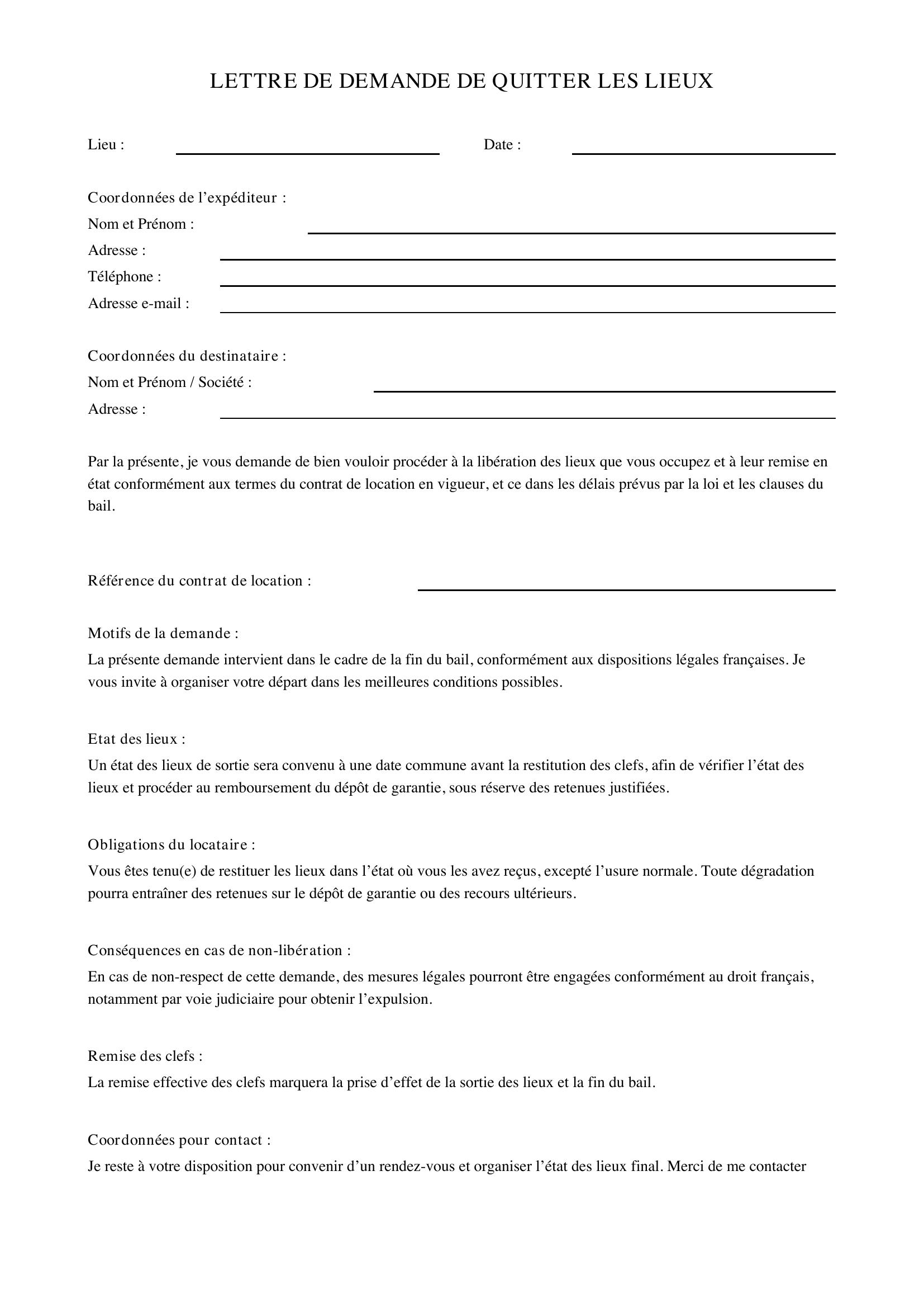 Modèle De Lettre Demande De Quitter Les Lieux