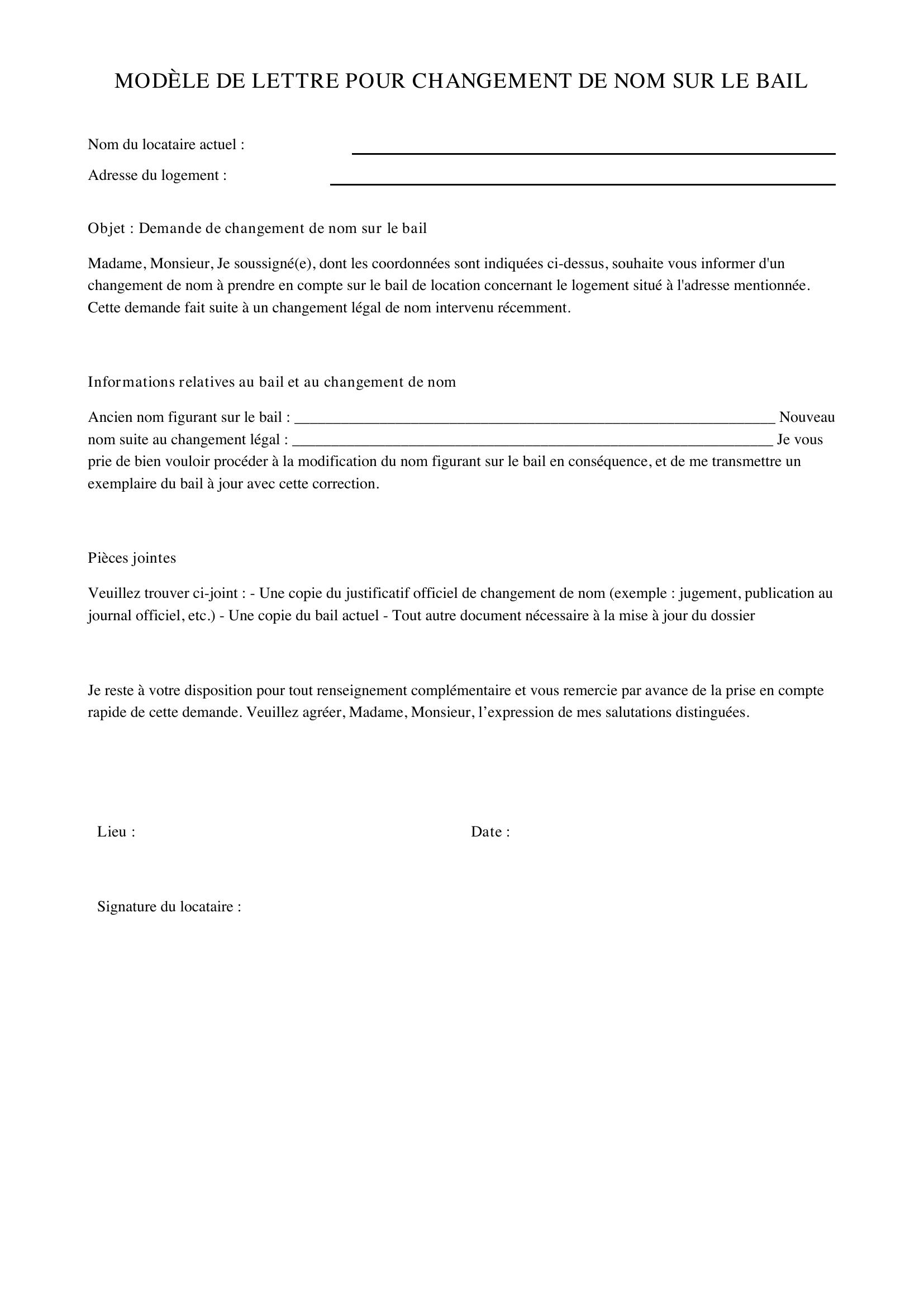 Modèle De Lettre Pour Changement De Nom Sur Le Bail