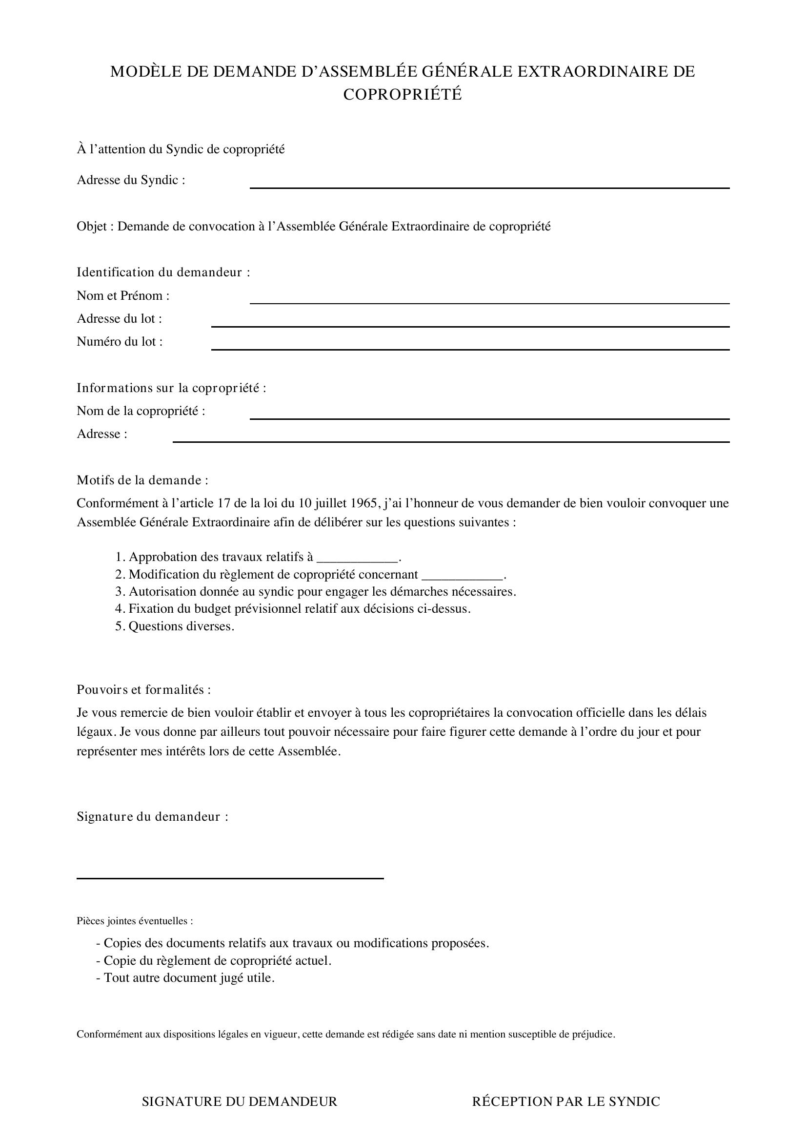 Modèle Demande Assemblée Générale Extraordinaire Copropriété