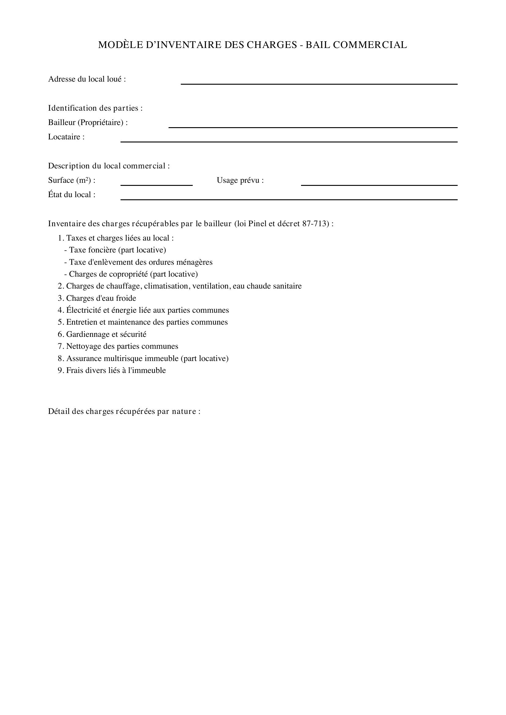 Modèle Inventaire Charges Bail Commercial