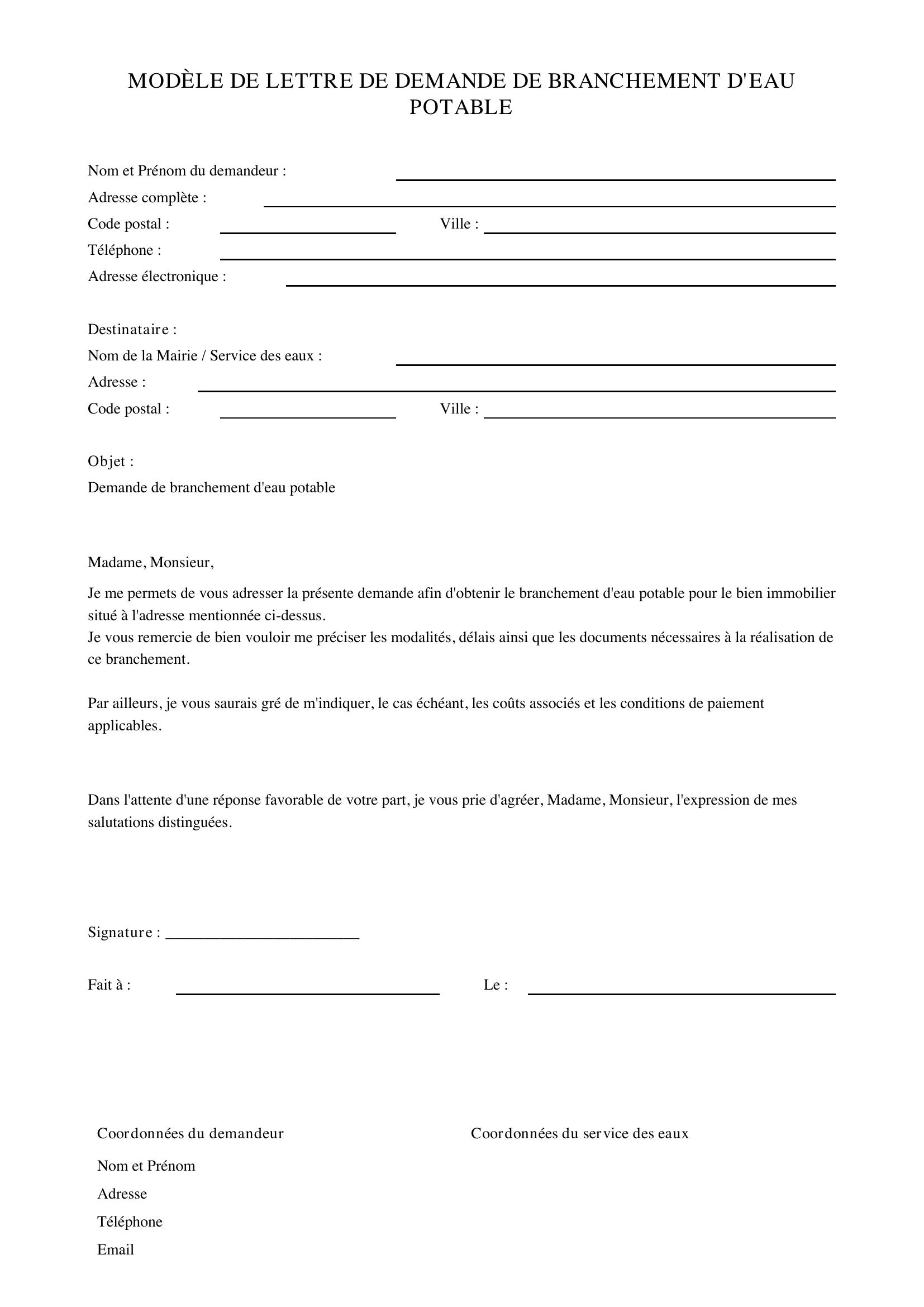 Modèle Lettre De Demande De Branchement D'Eau Potable