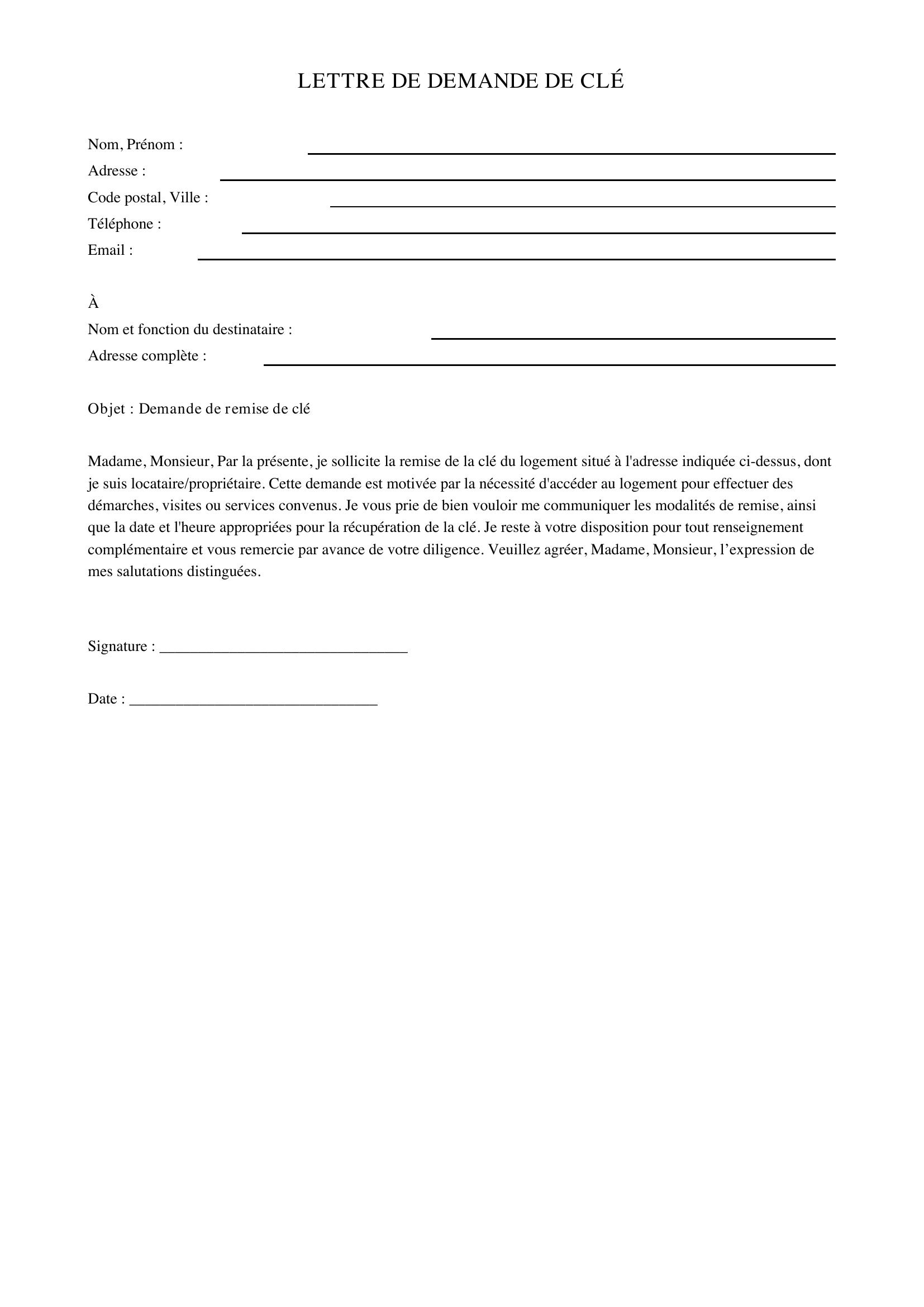 Modèle Lettre Demande De Clé