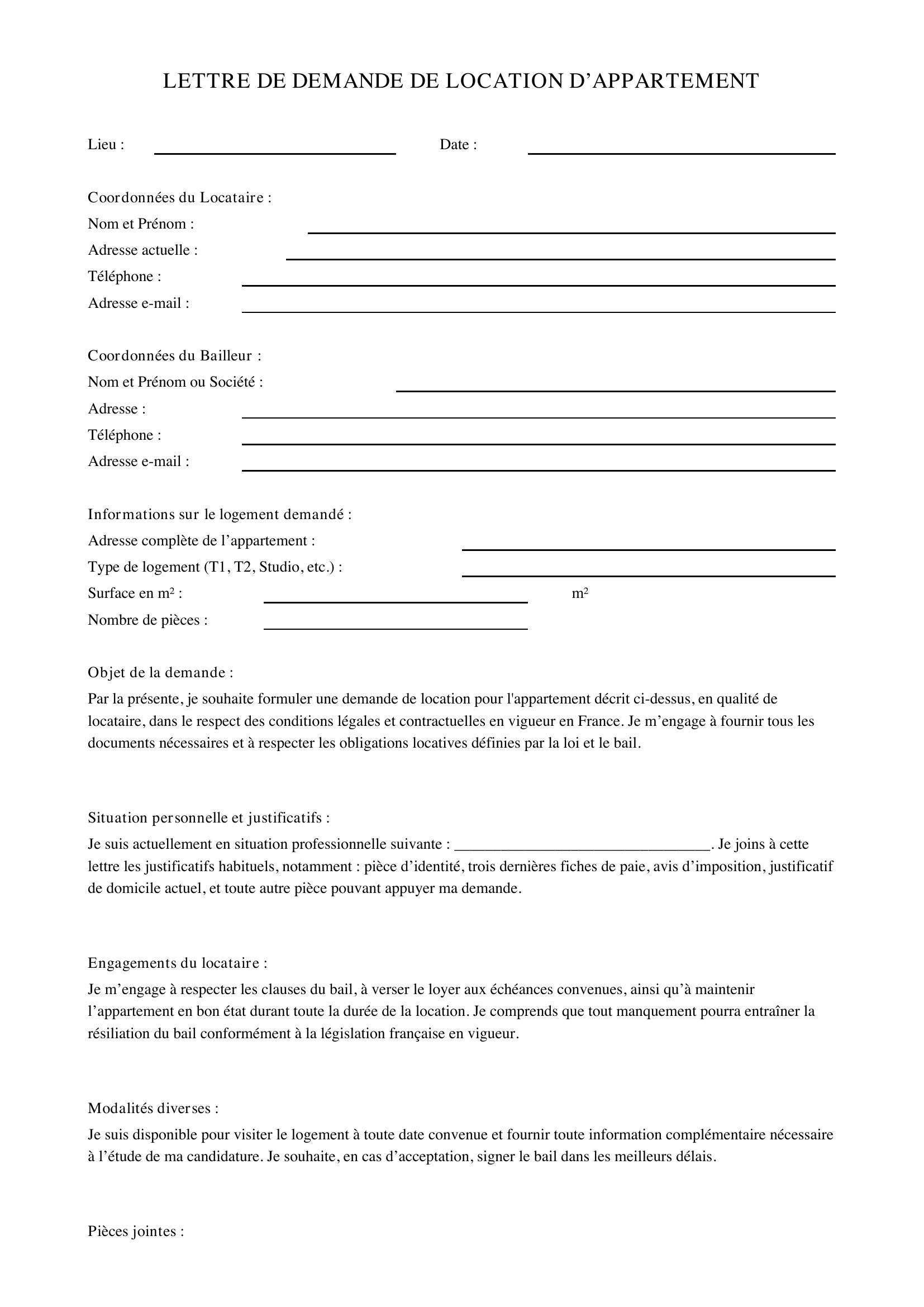 Modèle Lettre Demande De Location Appartement