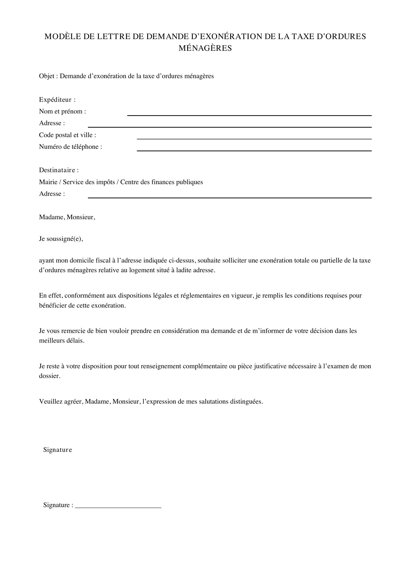 Modèle Lettre Demande Exonération Taxe Ordures Ménagères