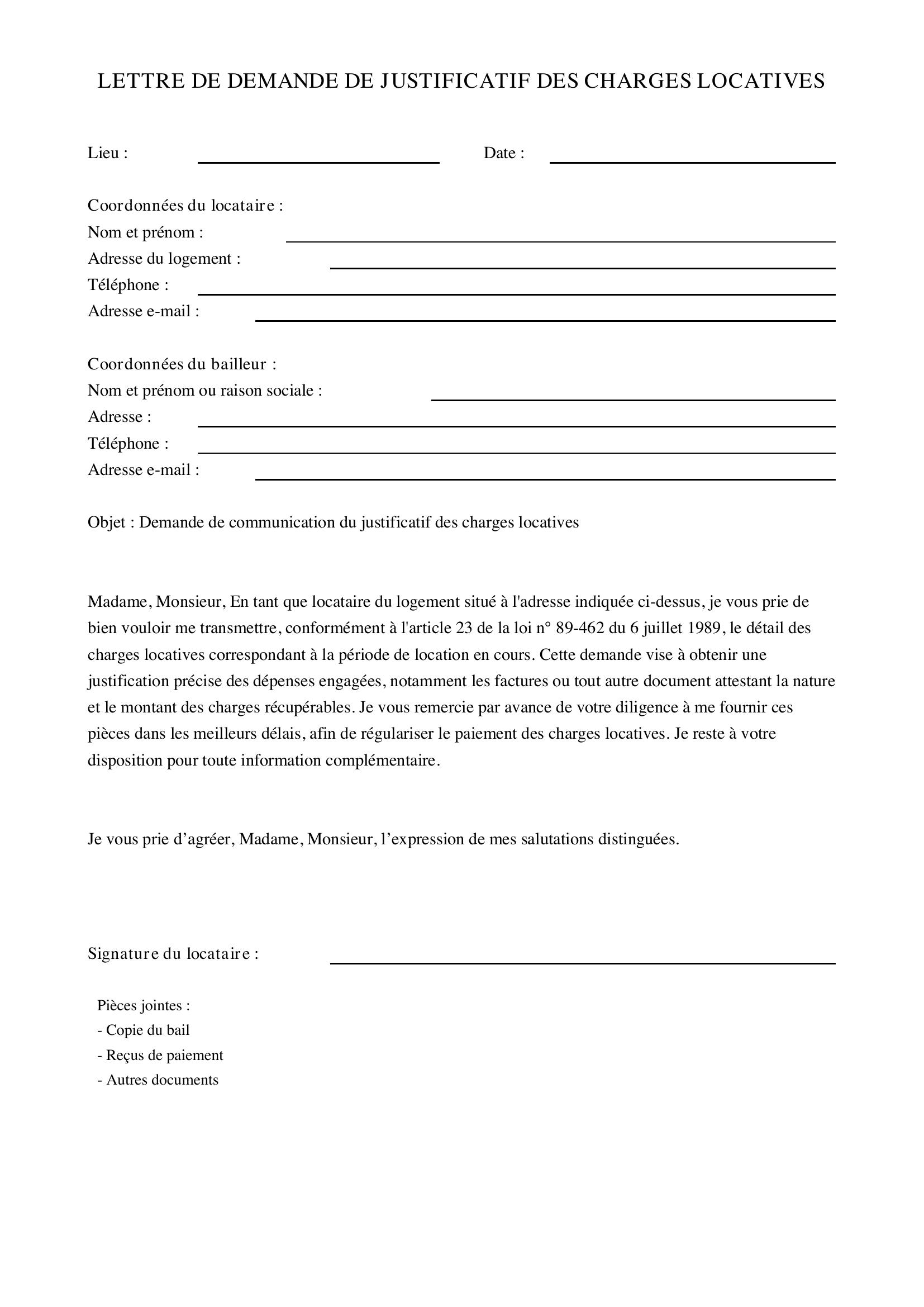 Modèle Lettre Demande Justificatif Charges Locatives