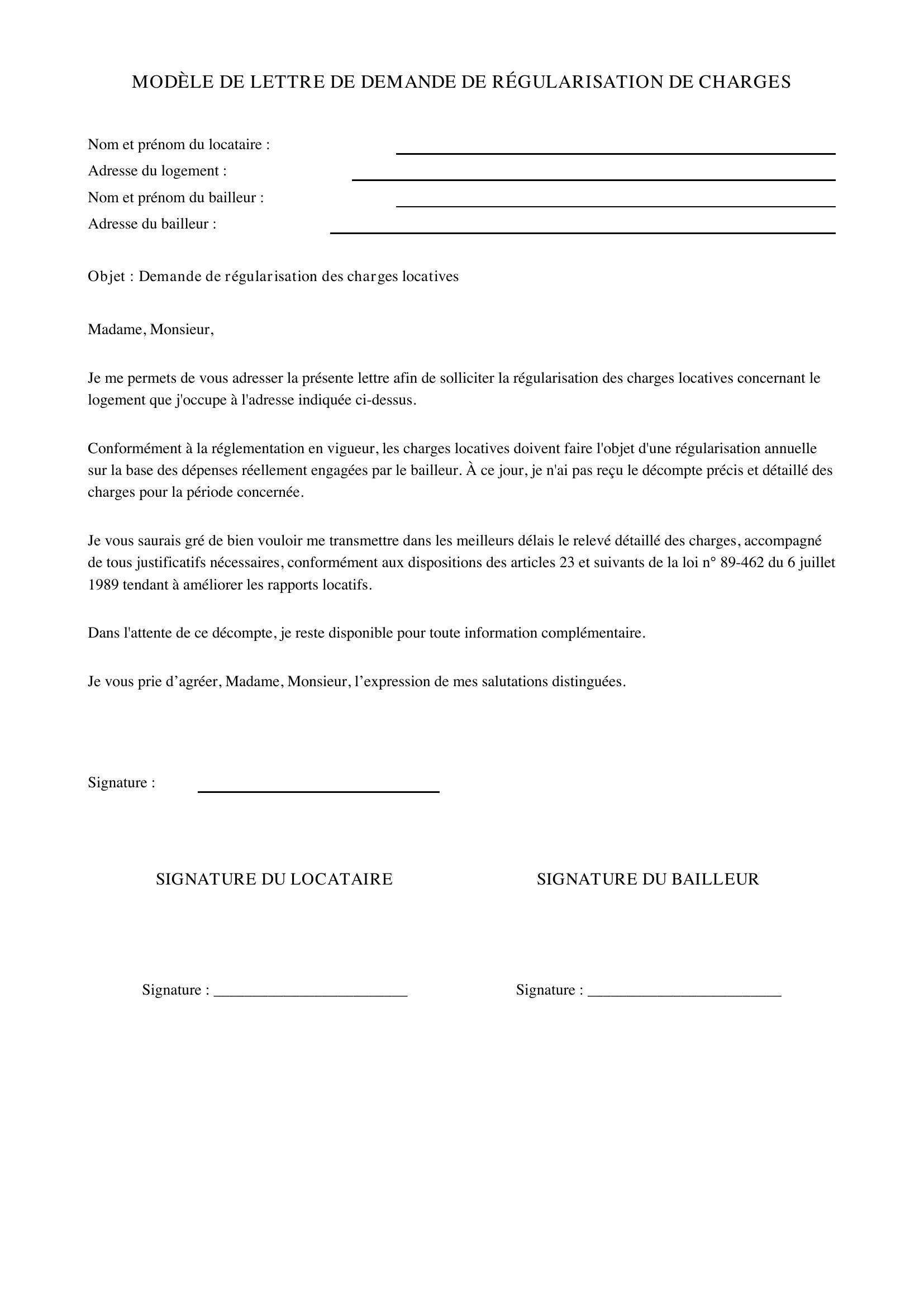 Modèle Lettre Demande Régularisation Charges