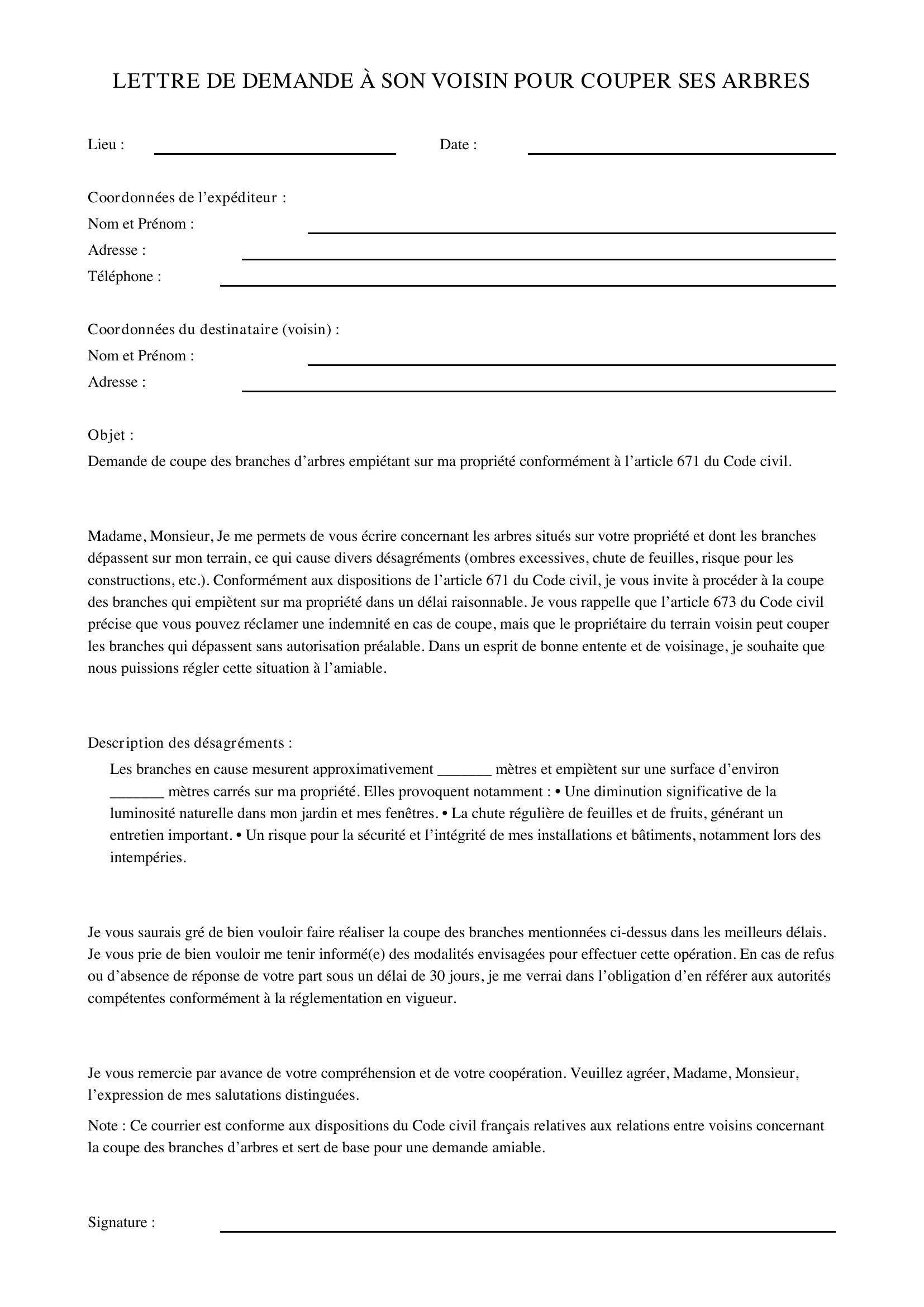 Modèle Lettre Pour Demande Voisin Couper Ses Arbres