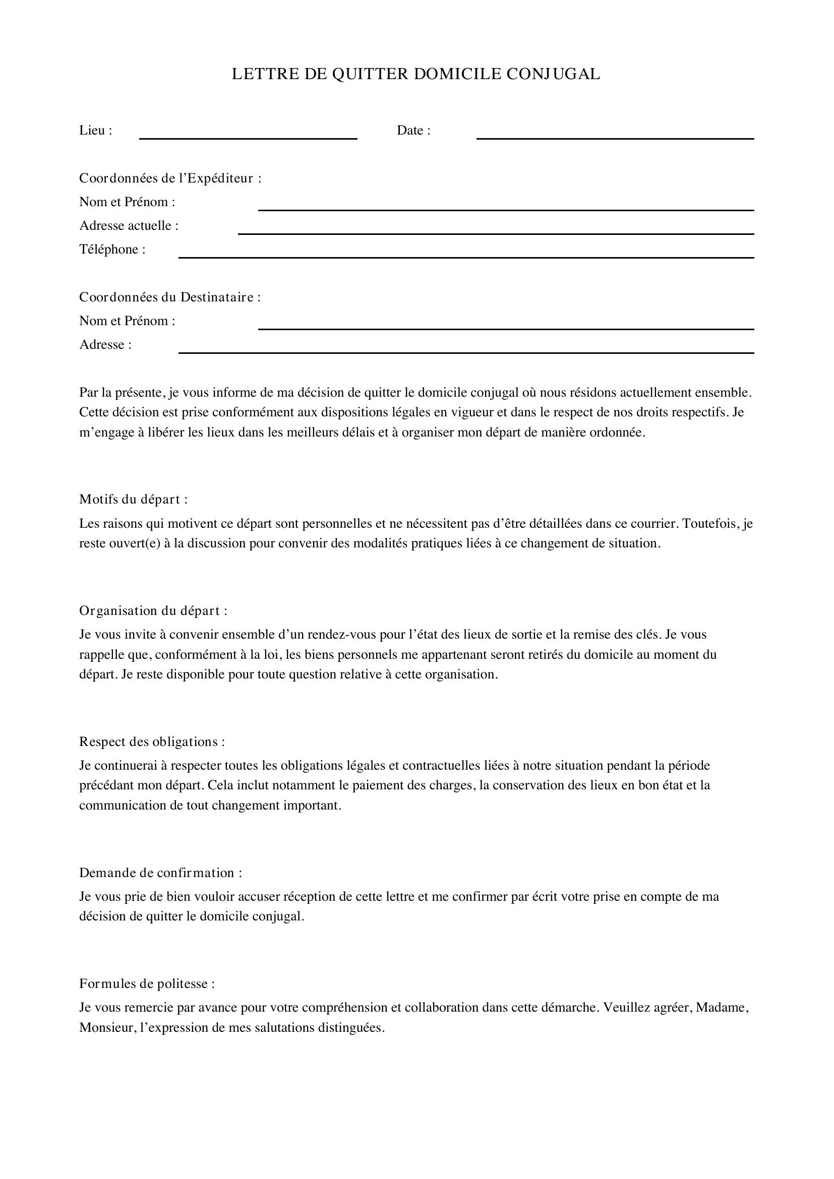 Modèle Lettre Quitter Domicile Conjugal