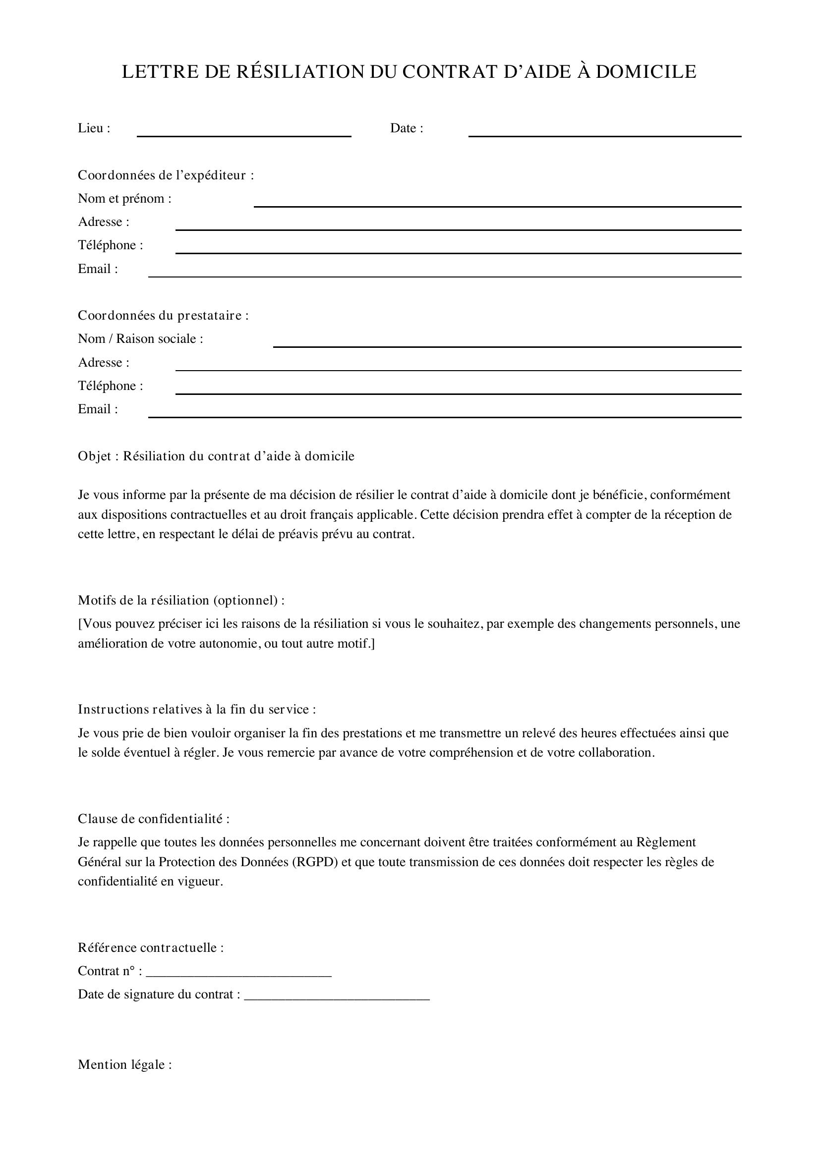 Modèle Lettre Résiliation Aide À Domicile