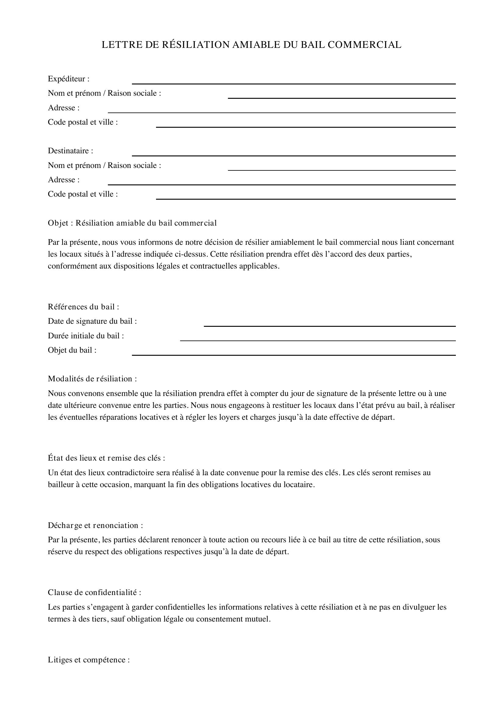 Modèle Lettre Résiliation Bail Commercial Amiable