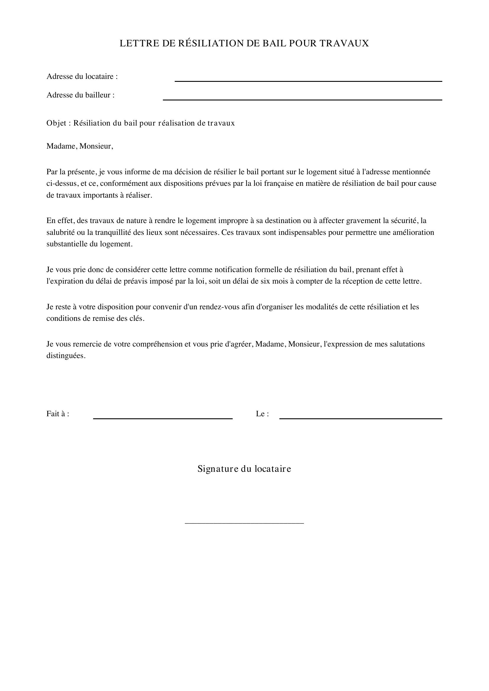 Modèle Lettre Résiliation Bail Pour Travaux