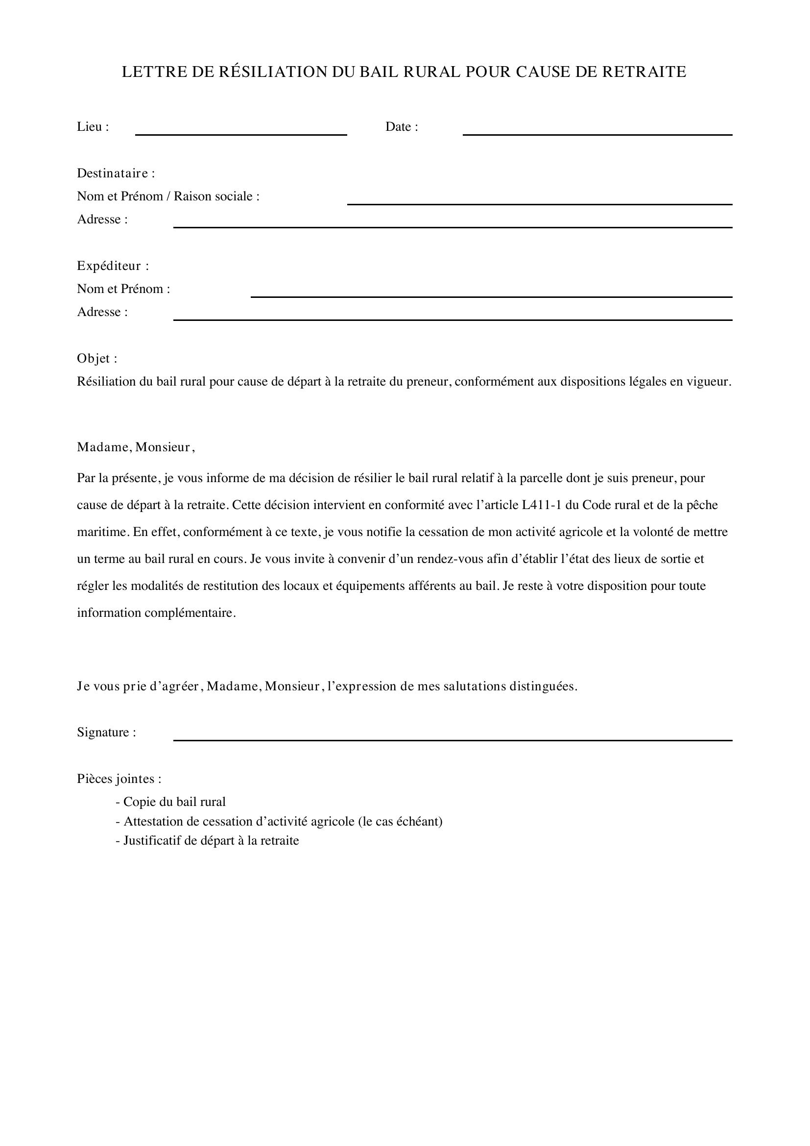 Modèle Lettre Résiliation Bail Rural Cause Retraite