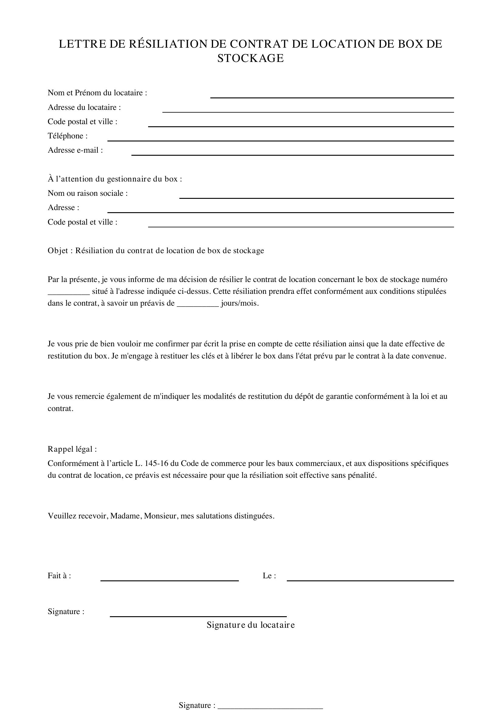 Modèle Lettre Résiliation Box Stockage