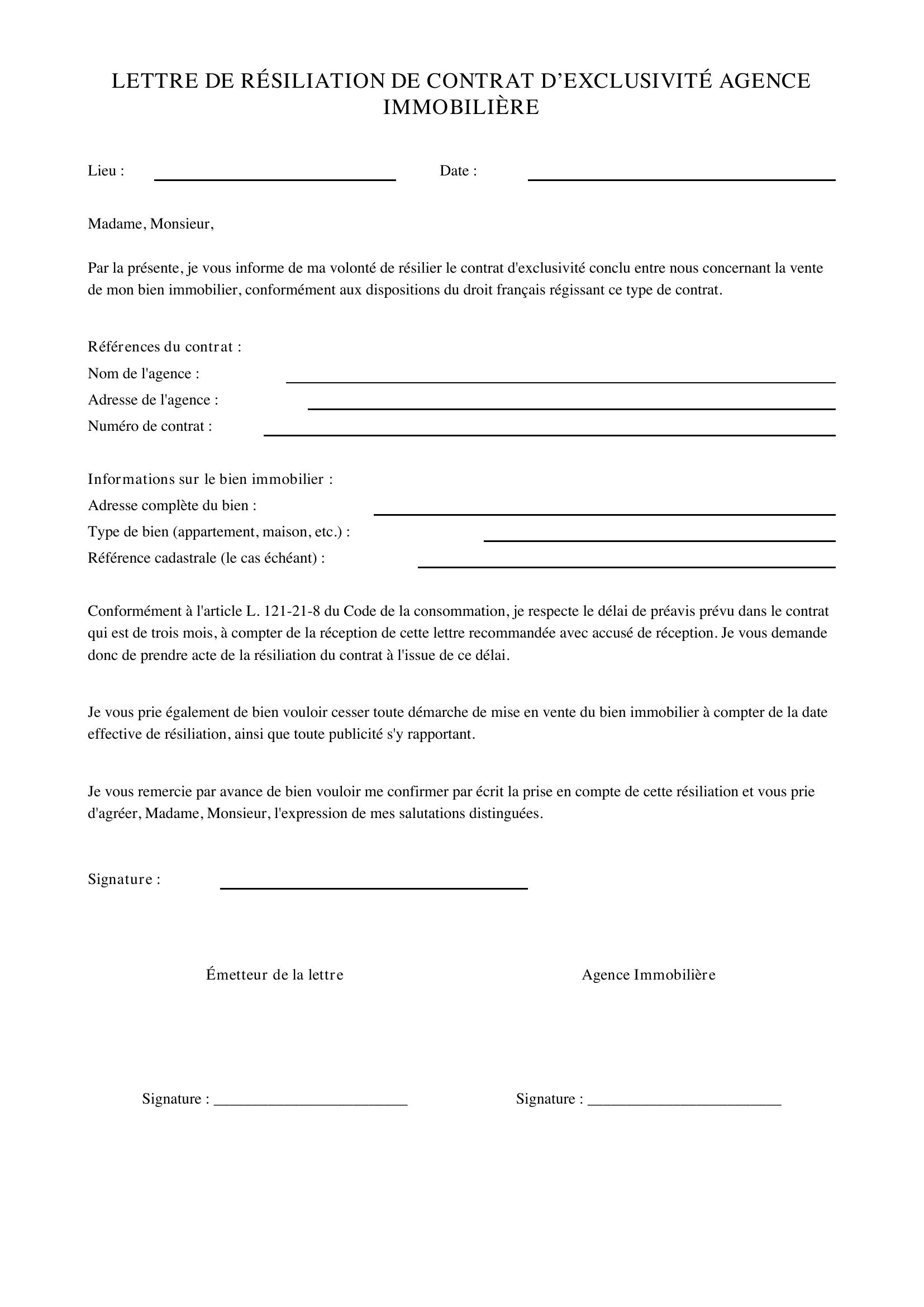 Modele Lettre Resiliation Contrat Exclusivite Agence Immobiliere