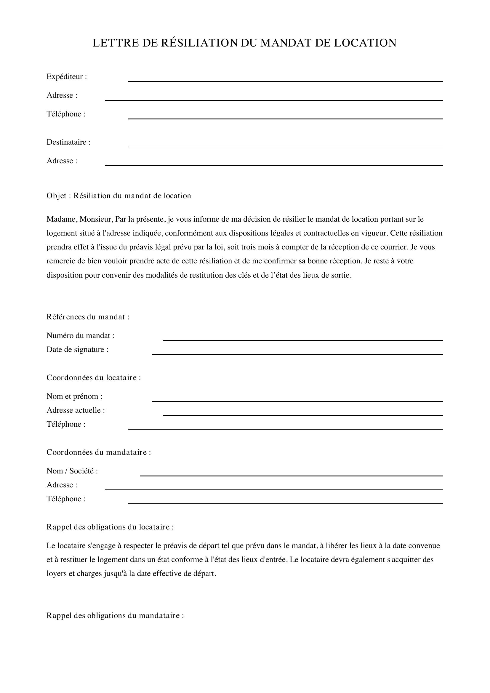 Modèle Lettre Résiliation Mandat De Location