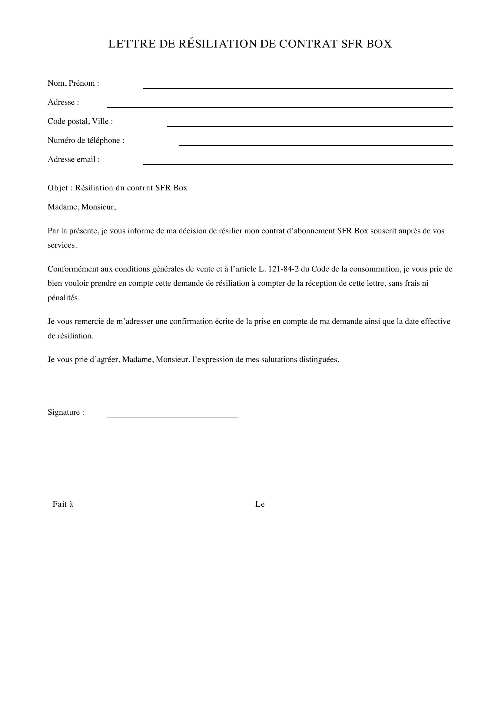 Modèle Lettre Résiliation Sfr Box