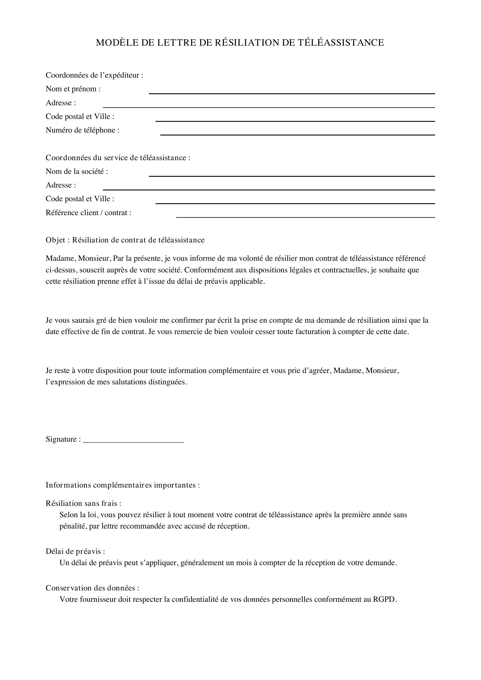 Modèle Lettre Résiliation Téléassistance