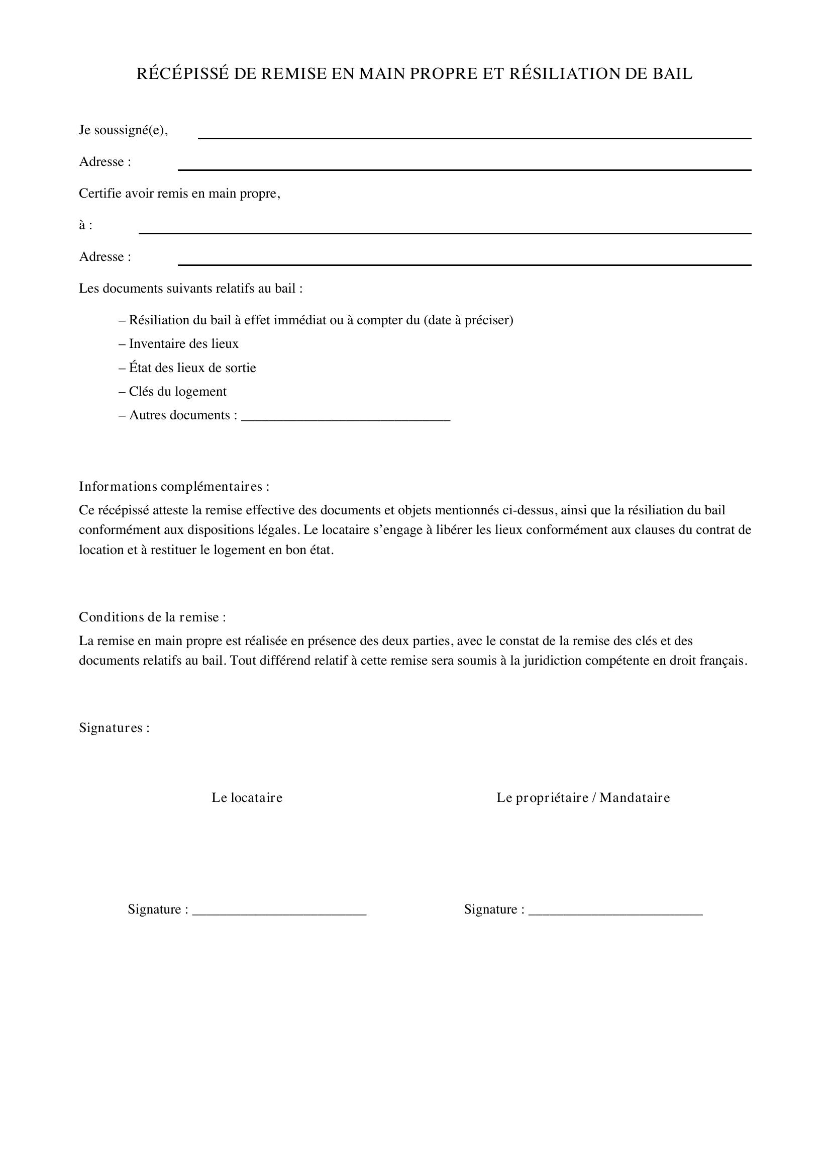 Modèle Récépissé De Remise En Main Propre Résiliation De Bail