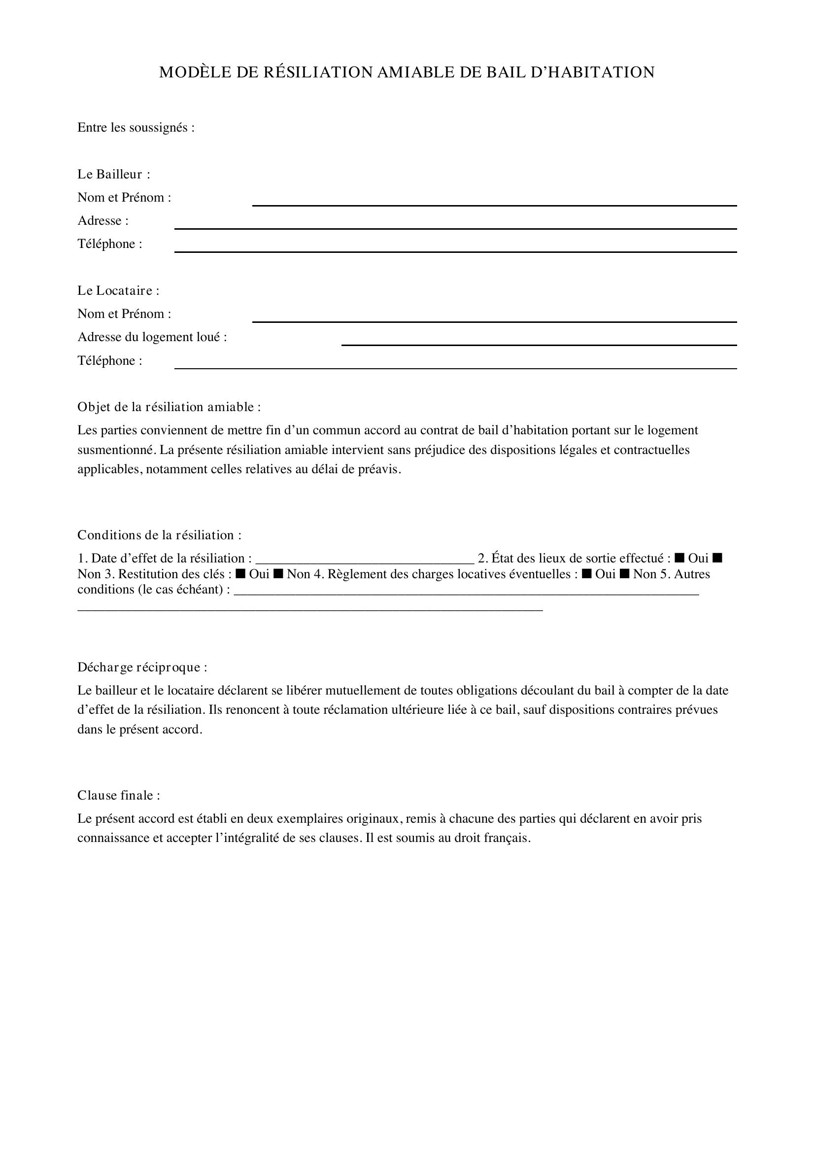Modèle Résiliation Amiable Bail Habitation