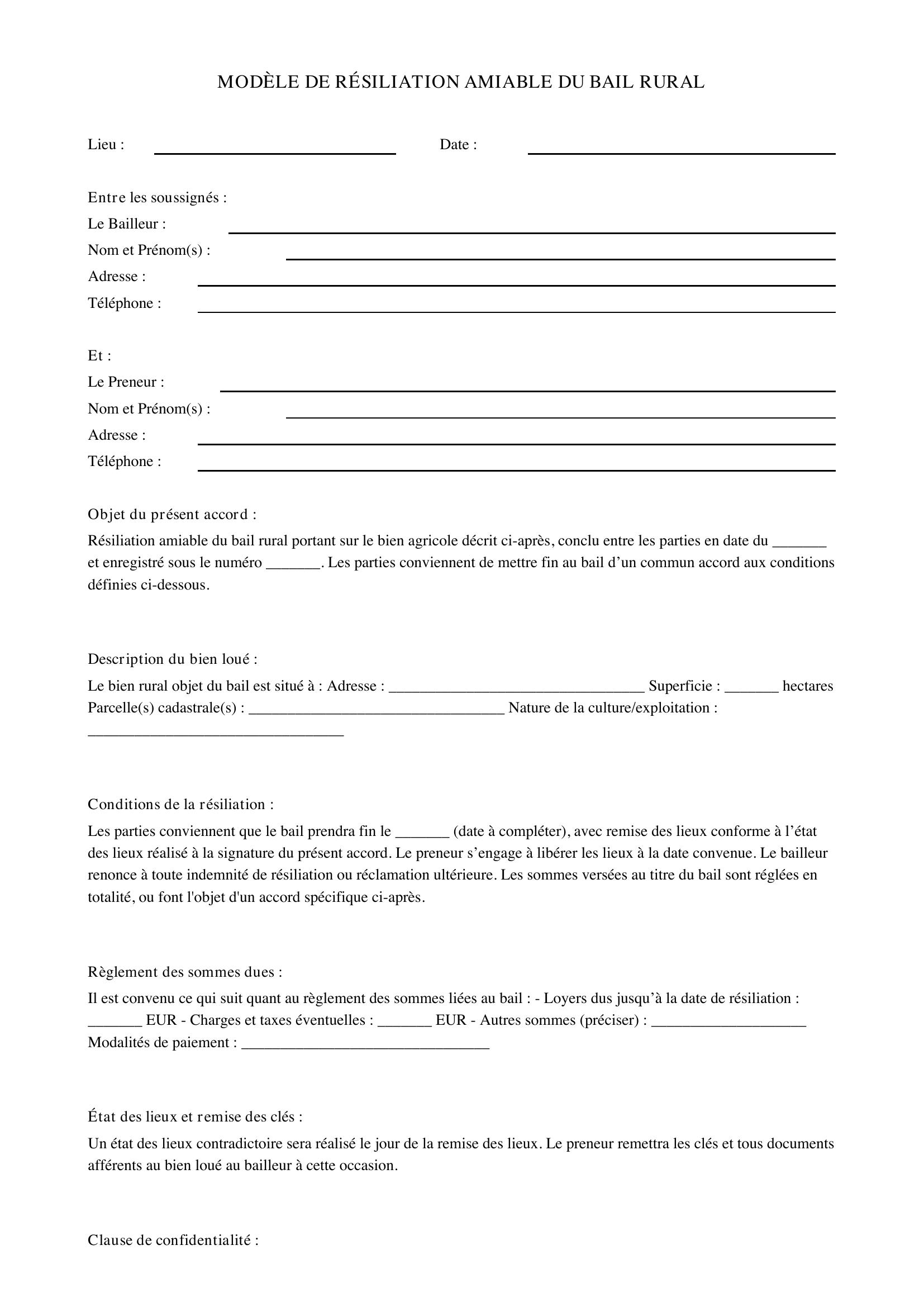 Modèle Résiliation Amiable Bail Rural