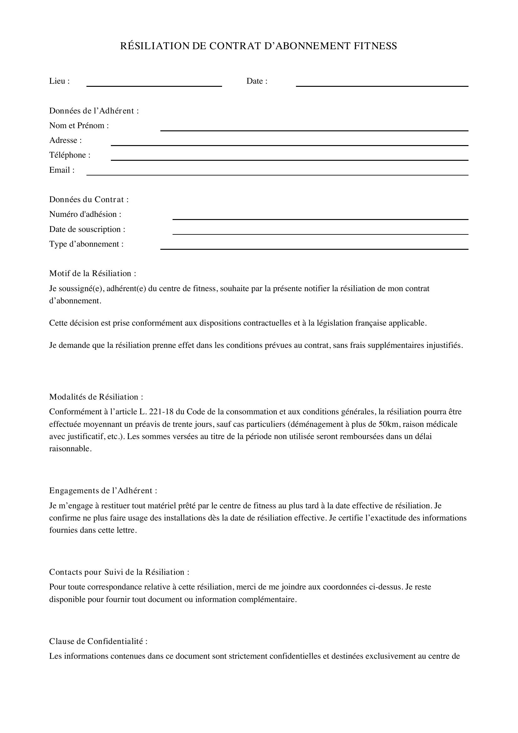 Résiliation Appart Fitness Modèle