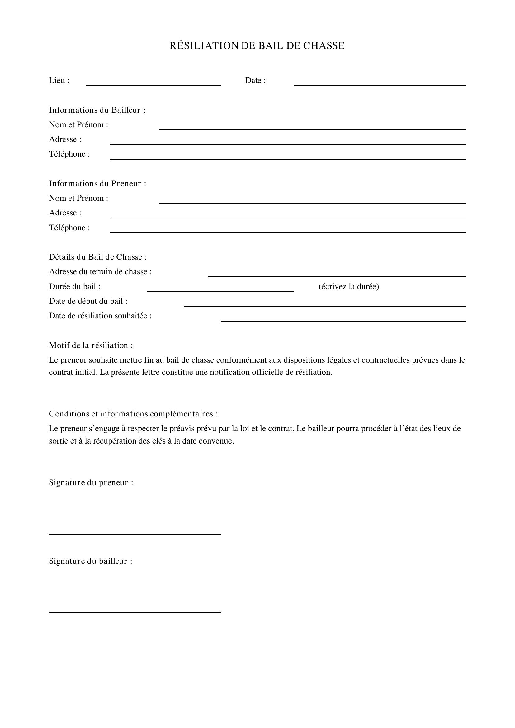 Résiliation Bail De Chasse Modèle
